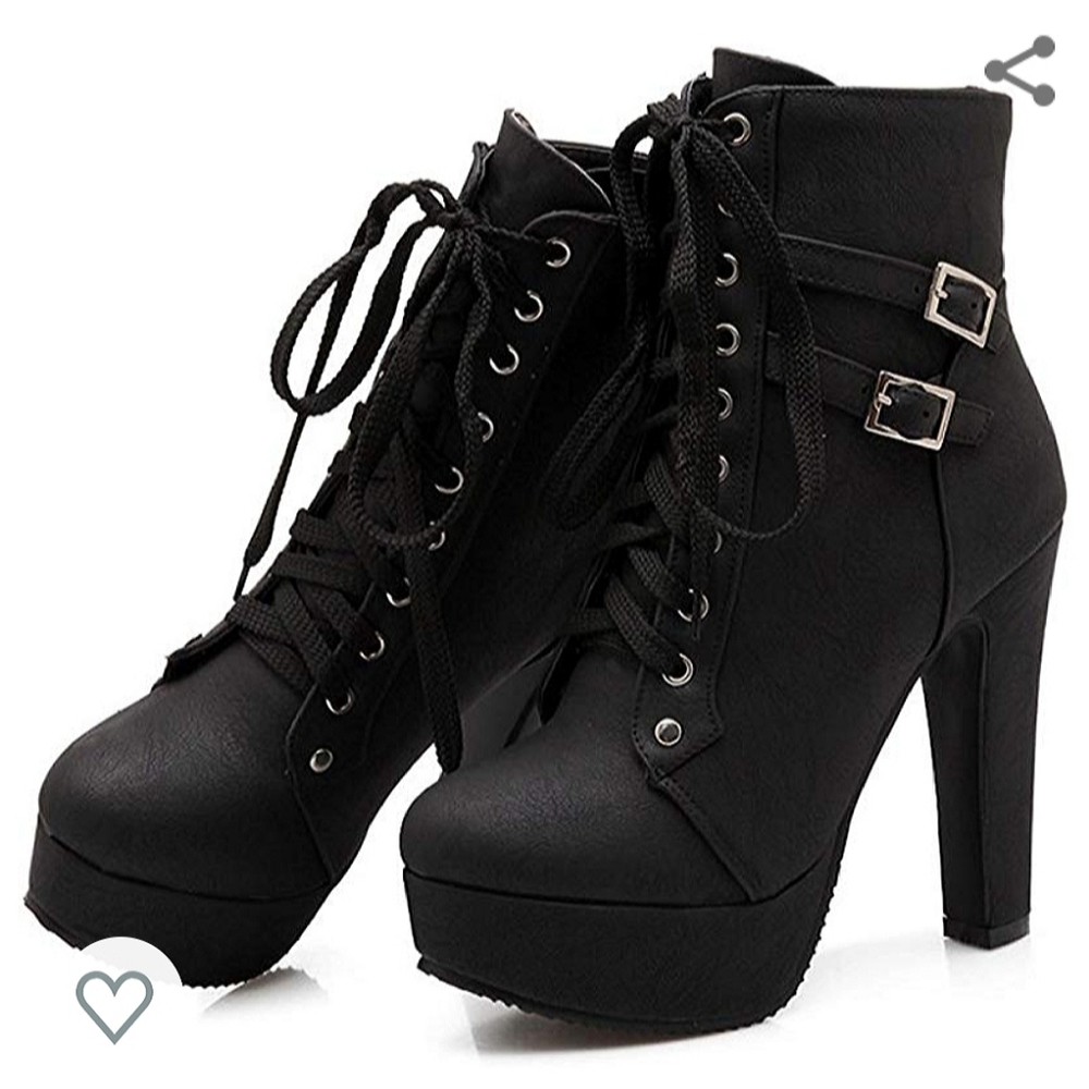 Black Lace Up Ankle Buckle Chunky Heel Boots